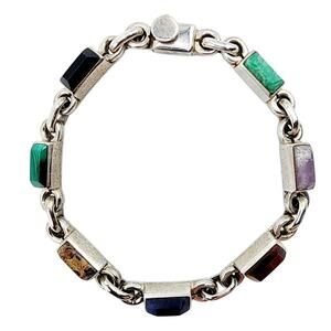 Vintage Taxco Silver Gemstone Link Bracelet 7.25”